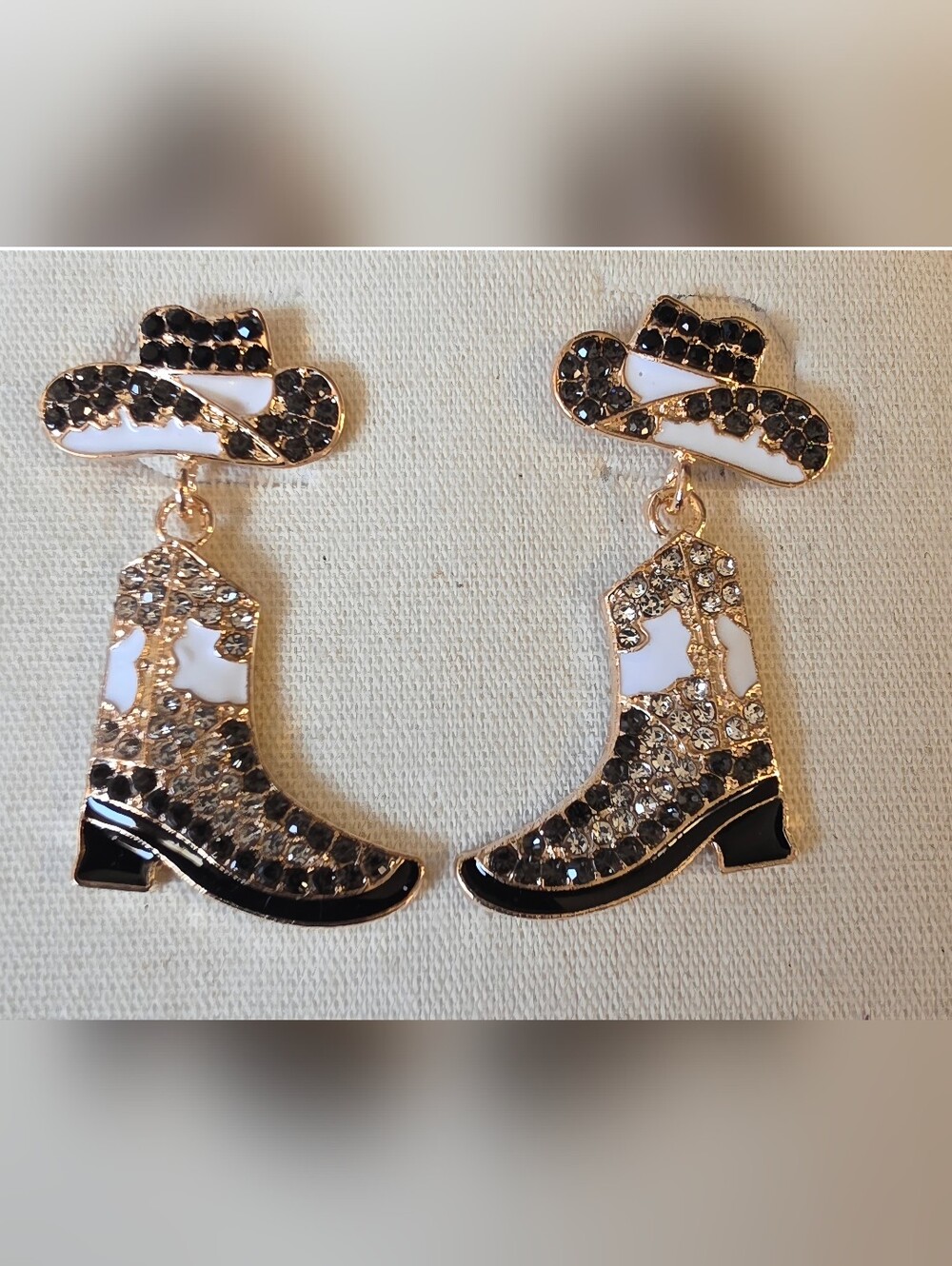 Cowboy Boot & Hat Dangle Earrings - Black, White & Gold